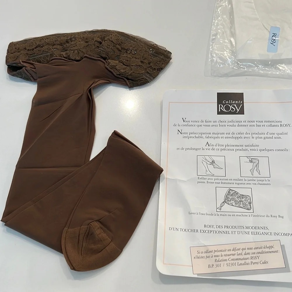 NWT ROSY Chocolate Brown NEW Vintage French 80s stockings stay-up lace top